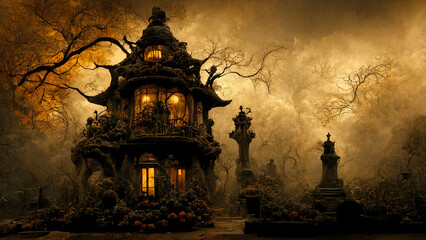 Fototapeta premium Halloween theme with spooky house, trees and a grave headstone, 3D Illustration 16:9