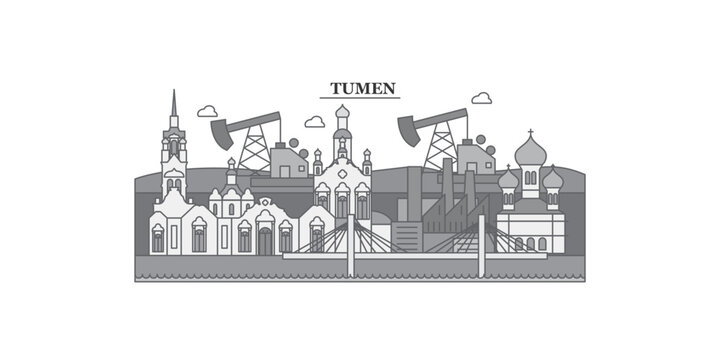 Russia, Tumen city skyline isolated vector illustration, icons