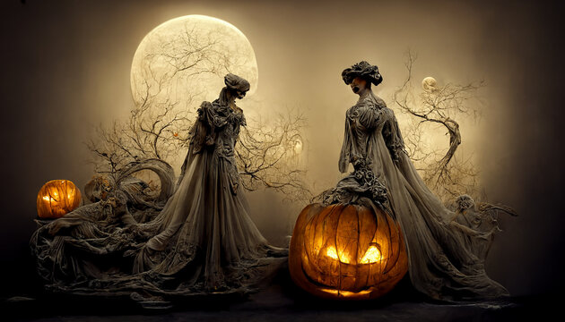 Halloween theme with a moon, two witches and a two pumpkins at night, Illustration 16:9