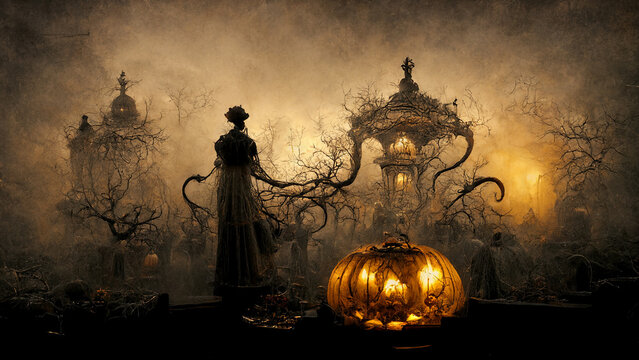Halloween theme with witch and a pumpkin at night, illustration 16:9
