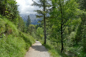 Fototapeta na wymiar Wanderweg zum Lautersee und Blick auf die Karwendel Gebirgsgruppe bei Mittenwald