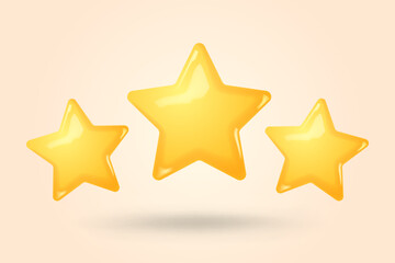 Three yellow stars glossy colors. Customer rating feedback concept from client about employee of website. Realistic 3d design.