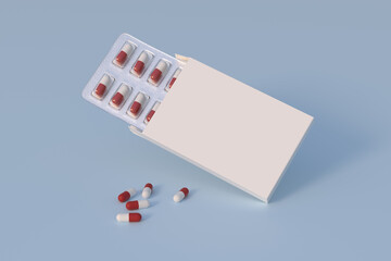 Close up of package blister with round medicines pills. 3d rendering