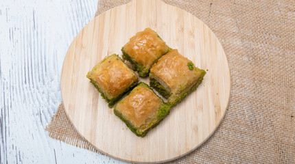 Turkish baklava. presentation on the blackboard. Hot baklava presentation.