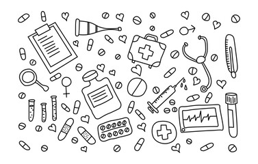 Medical set of doodles. Tiling textures with thin line web icons set. Vector illustration. Abstract health care and medicine background for mobile app,coloring book, website, presentation.