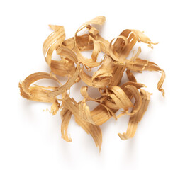 Wood shavings isolated at white background. Wooden curls on white