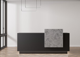 Black reception counter in modern room with white walls. Blank registration desk in hotel, spa or office. Reception mock up with copy space for branding, logo. Contemporary style. 3D rendering.