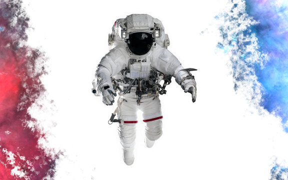 High resolution astronaut isolated on white background. Space style dust splash. Science fiction. Elements of this image furnished by NASA