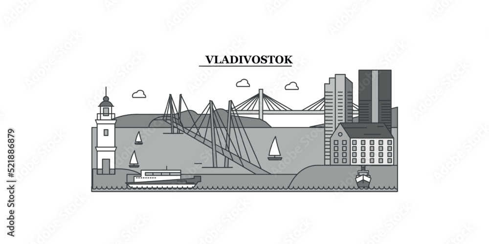 Wall mural russia, vladivostok city skyline isolated vector illustration, icons