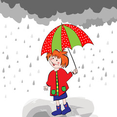 Niña feliz con paraguas rojo y verde bajo la lluvia.