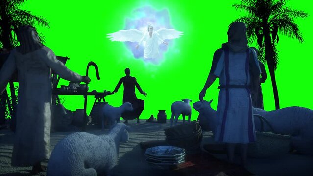 Christmas Angel announced to the shepherds the birth of Jesus birth in Bethlehem render 3d on green background
