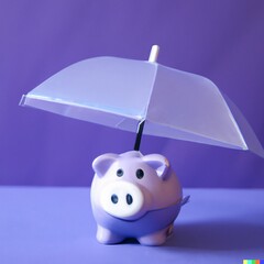 Secure savings concept, purple piggy bank under an umbrella