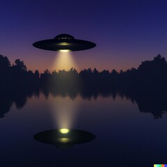 UFO flying over a lake artwork