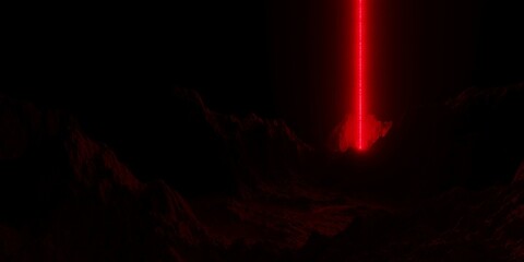 Mountain terrain landscape with red laser light glowing line, retro technology or futuristic alien background template