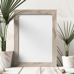 Modern wooden frame mock up with house plants in the backgrounf