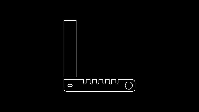 White line Corner ruler icon isolated on black background. Setsquare, angle ruler, carpentry, measuring utensil, scale. 4K Video motion graphic animation
