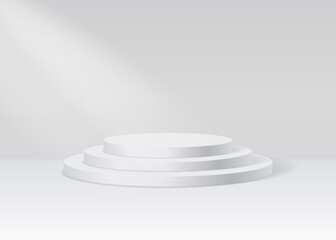 Podium platform realistic vector 3d render on white background wit spotlight. Product presentation minimal scene. Blue podium shape