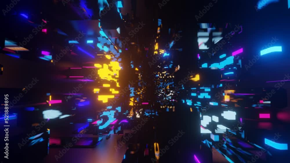 Poster abstract frames and boxes. fly through technology cyberspace with neon glow. sci-fi flight through h