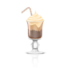 Milkshake with soft serve ice cream and garnish. Cocktail in realistic glass. Summer beverage drink