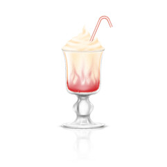 Realistic milkshake beverage with strawberry syrup. Milk cocktail in glass. Summer cold drink