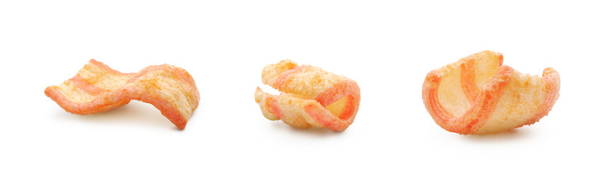 Crunchy salty snacks with bacon flavor isolated set on white background  