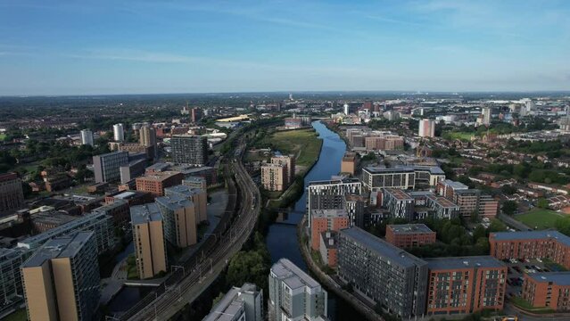 Aerial view of Manchester city in UK on a beautiful sunny day.