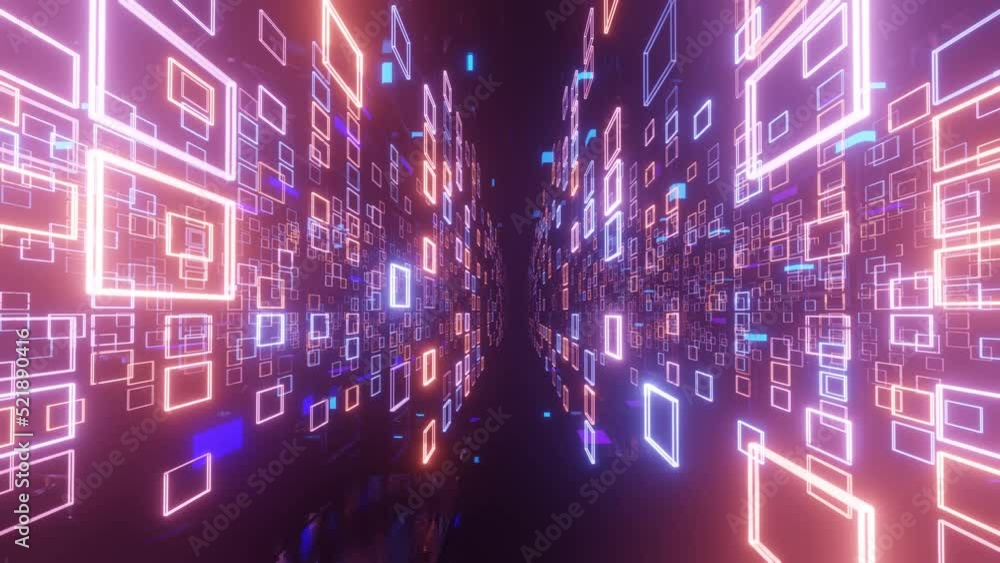Poster fly through mirror designs form tunnel technology cyberspace with neon glow. sci-fi flight through d