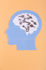 Vertical photo of human head silhoutte with various keys in brain ares. Light beige background. Engineer thinking concept