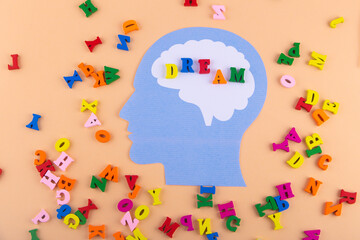 creative thinking. Blue paper human head silhoutte with word dream written by small colorful letters in white brain area. Light background, top view, flat lay