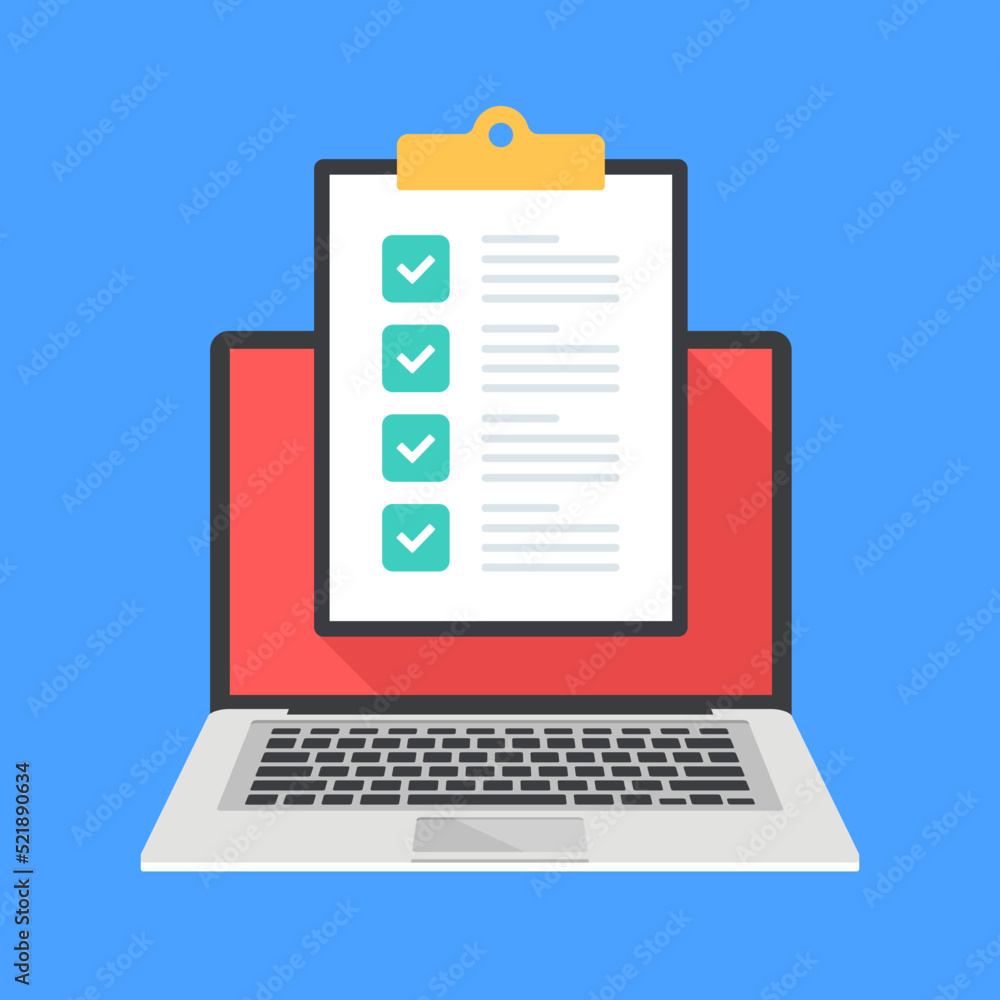 Poster checklist. clipboard with checklist on laptop screen. survey, check list, application form with chec