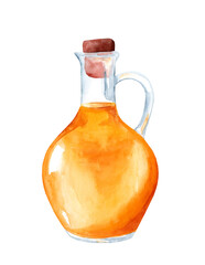 Bottle of fresh oil. Hand drawn watercolor painting isolated on white background