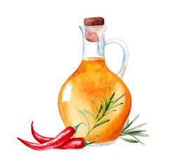 Bottle of fresh olive oil with hot chili and rosemary. Hand drawn watercolor painting isolated on white background