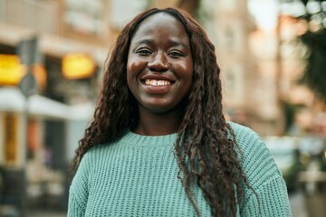 Young african woman smiling happy at the city