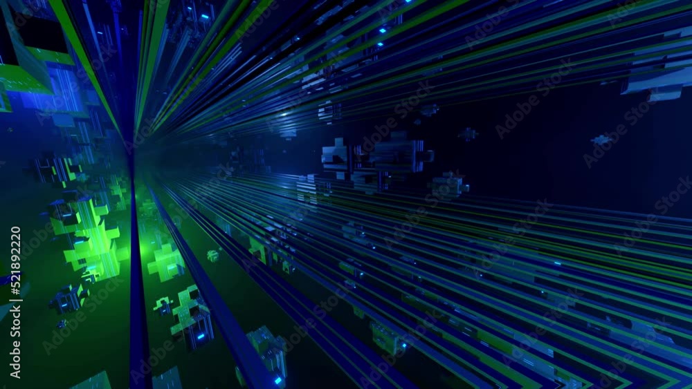 Poster flight through hi-tech technology tunnel with camera shake. neon light and mist, sci-fi construction