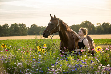 Mädchen mit Pferd bei Sonnenuntergag in Blumen
