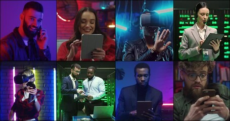 Collage of many people using multiple devices indoor. IT technician in data center digital server room typing on tablet. Female playing video game in VR headset, metaverse, business people, leisure - Powered by Adobe