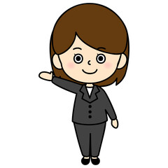 使いやすいオーソドックスなデザインのビジネススーツを着た女性キャラクターのアイコン / 片手を上げる こちら