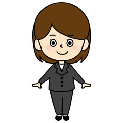 使いやすいオーソドックスなデザインのビジネススーツを着た女性キャラクターのアイコン / ピシッと立つ