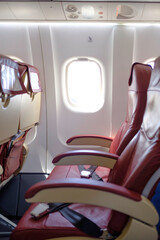 Empty airplane. Passengers free airplane, cancelled flight. Free window seat. Cancelled flight, no travel,