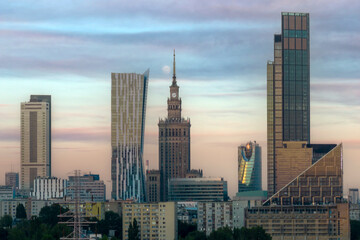 Panorama of Warsaw Financial center during sunset.