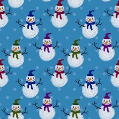 Winter seamless snowman and snowflakes pattern for Christmas wrapping paper and kids notebooks