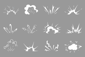 Cartoon bomb explosion, comic clouds of smoke and fire. Vector explosion effects, blast, boom, bang and burst comics book clouds of war fight, exploded dynamite, nuclear bomb or rocket launch - obrazy, fototapety, plakaty