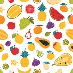 Ripe raw fruits seamless pattern background of vector orange, pineapple and papaya. Tropical exotic fruits mango, durian and feijoa with lemon citrus, watermelon, banana, apricot and kiwi pattern