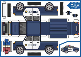 Kids craft template. Cut and glue paper police truck. Make 3d model of toys car. Vector activity page and wksheet for children.