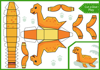 Cut and glue a paper 3d dinosaur. Kids craft page. DIY papercraft toys. Activity worksheet for children. Vector printable education game. Birthday decor. Vector illustration.