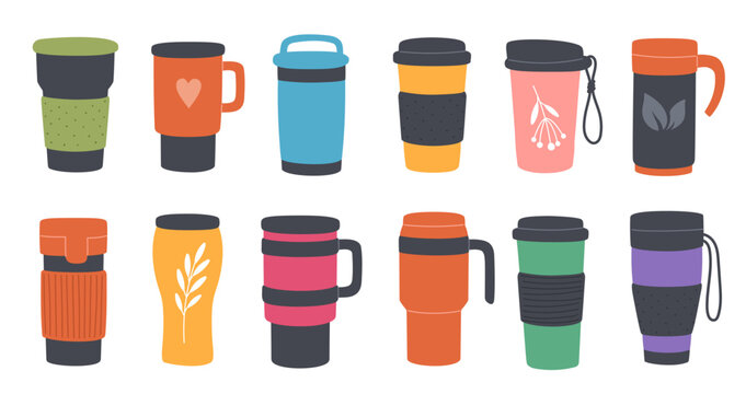 Reusable thermo mugs, tumbler, thermos, travel cup, thermal flask or water bottle. Vector metal or plastic containers with vacuum lids, thermal insulating coating and handles for coffee or tea drinks