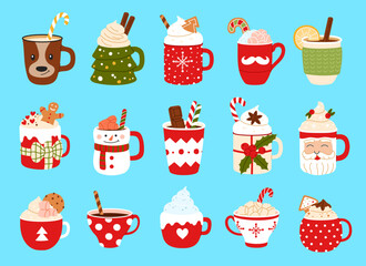 Christmas coffee cups and tea mugs, kitchen crockery with hot chocolate, vector drink mugs. Winter holiday cartoon Christmas cups of mulled wine with ginger cookies, Santa, candy cane and snowflakes