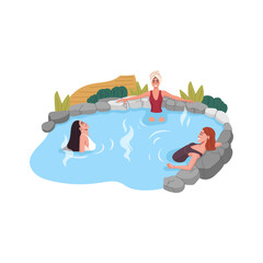 Japan onsen, women relaxing in hot spring thermal pool or bath of vector japanese spa hotel. Cartoon people bathing at onsen, outdoor winter sauna tub or bathtub with hot water, steam and wood pathway