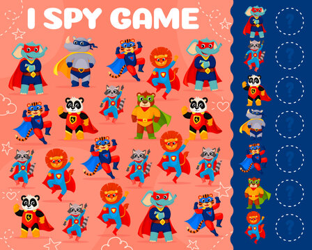 I spy game worksheet. Cartoon superhero animal characters vector puzzle or brain riddle. Find and count super hero personages of cute lion, bear, raccoon and panda, funny elephant, rhino and tiger