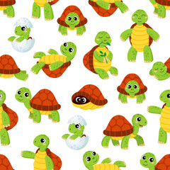 Cartoon turtle characters seamless pattern background, vector funny sea animal. Cute ocean turtle in shell or hatching from, funny cheerful baby turtle for kids pattern background